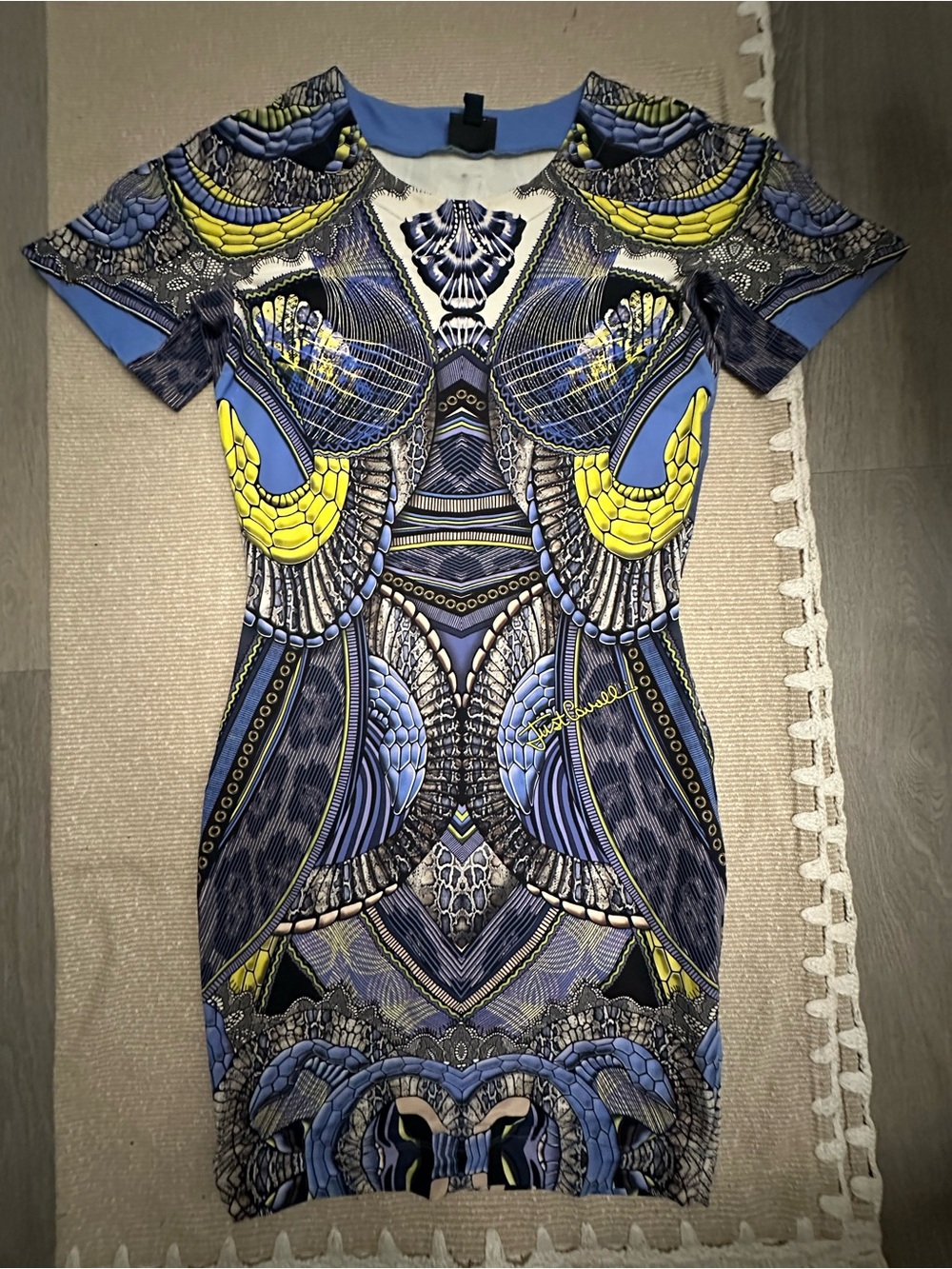 Just Cavalli Blue & Yellow Patterned Bodycon Dress